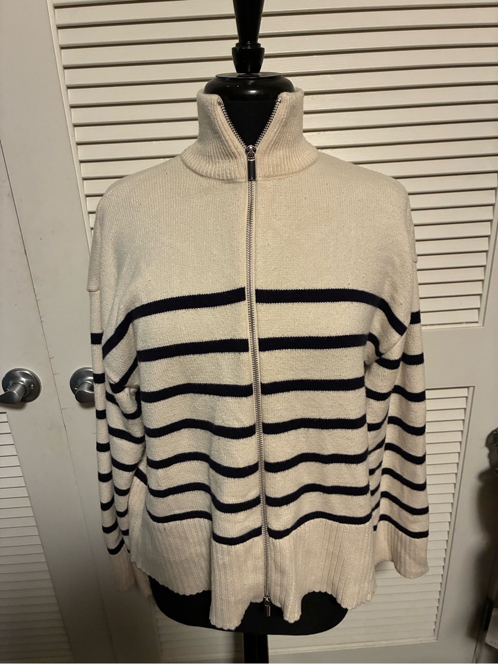 Zara Cream Zip-Up Sweater with Navy Stripes